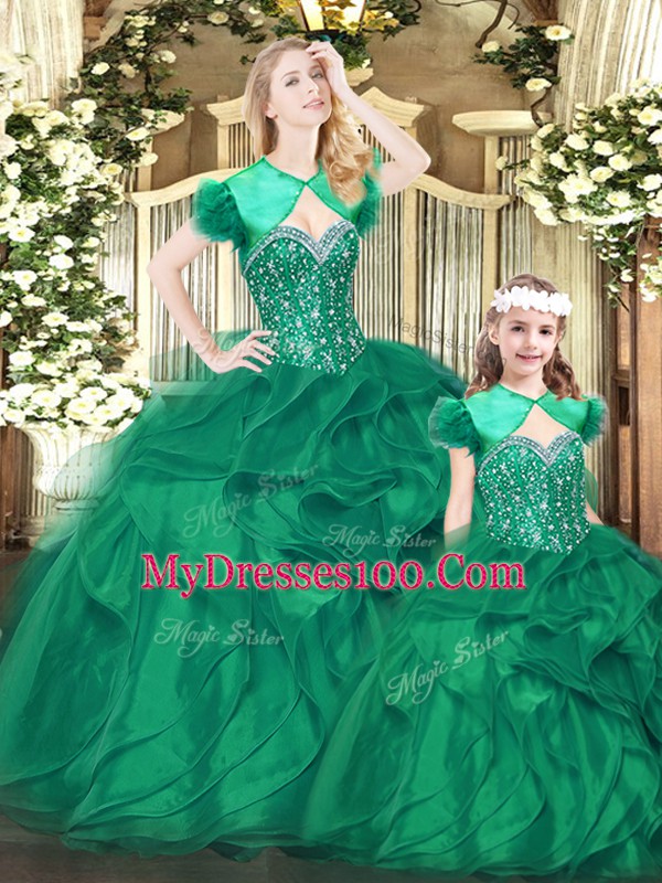 Exceptional Green Sleeveless Floor Length Beading and Ruffles Lace Up Quinceanera Gown