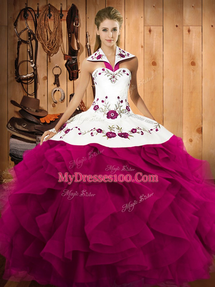 Exquisite Fuchsia Sleeveless Floor Length Embroidery and Ruffles Lace Up Sweet 16 Dress