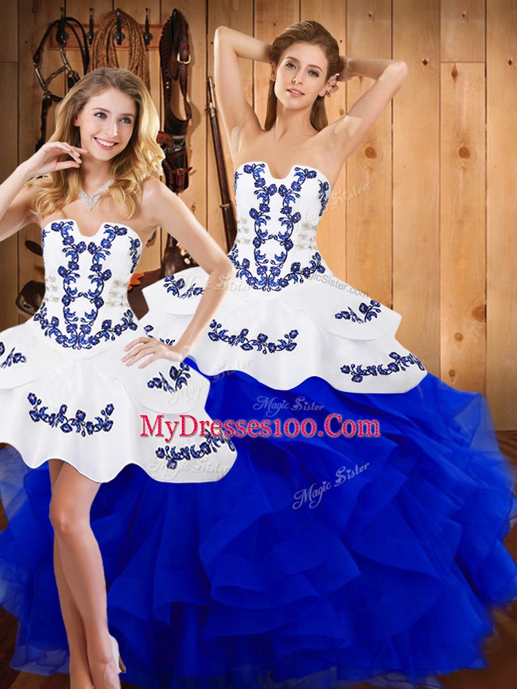 Traditional Blue Sleeveless Floor Length Embroidery and Ruffles Lace Up Quinceanera Gown