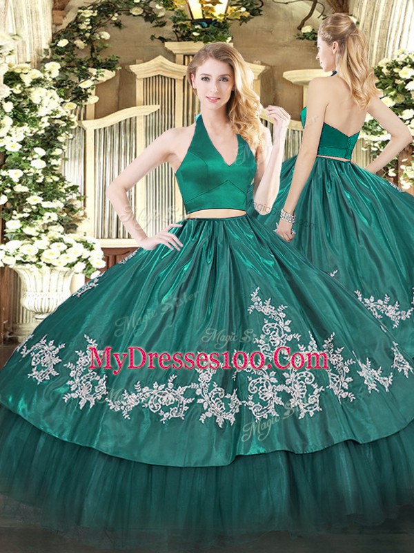 Delicate Dark Green Halter Top Zipper Appliques Quinceanera Dresses Sleeveless
