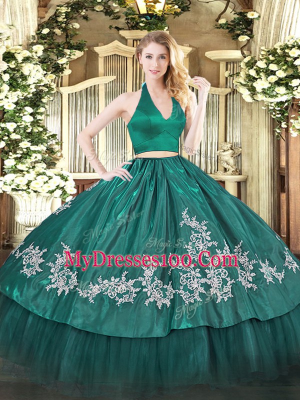 Delicate Dark Green Halter Top Zipper Appliques Quinceanera Dresses Sleeveless