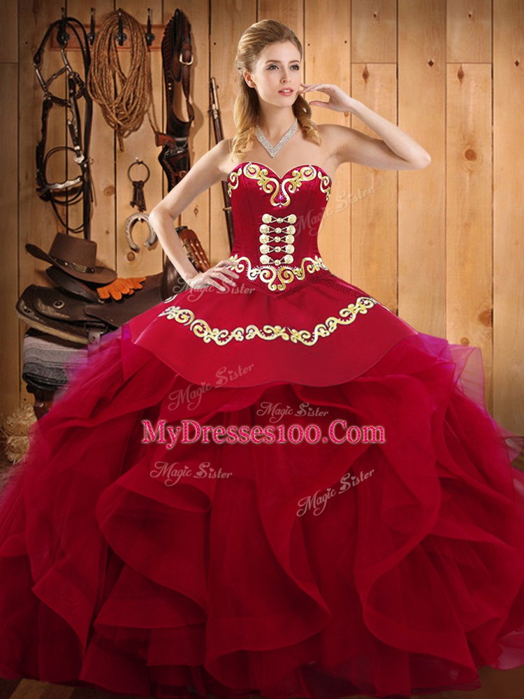 Pretty Burgundy Organza Lace Up Quinceanera Dress Sleeveless Floor Length Embroidery and Ruffles
