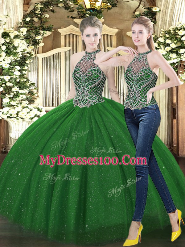High-neck Sleeveless Lace Up Quinceanera Gown Dark Green Tulle