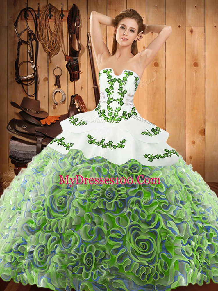 Fantastic Strapless Sleeveless Sweet 16 Dress With Train Sweep Train Embroidery Multi-color Satin and Fabric With Rolling Flowers