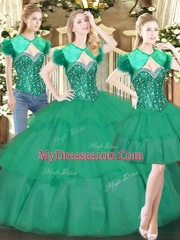 Sweet Turquoise Sweetheart Neckline Beading and Ruffled Layers Quince Ball Gowns Sleeveless Lace Up