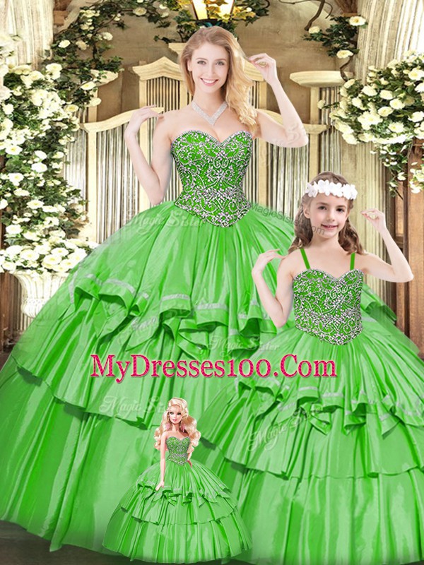 Green Ball Gowns Sweetheart Sleeveless Organza Floor Length Lace Up Beading and Ruffled Layers 15th Birthday Dress