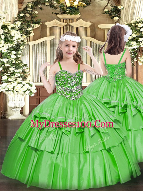 Green Ball Gowns Sweetheart Sleeveless Organza Floor Length Lace Up Beading and Ruffled Layers 15th Birthday Dress