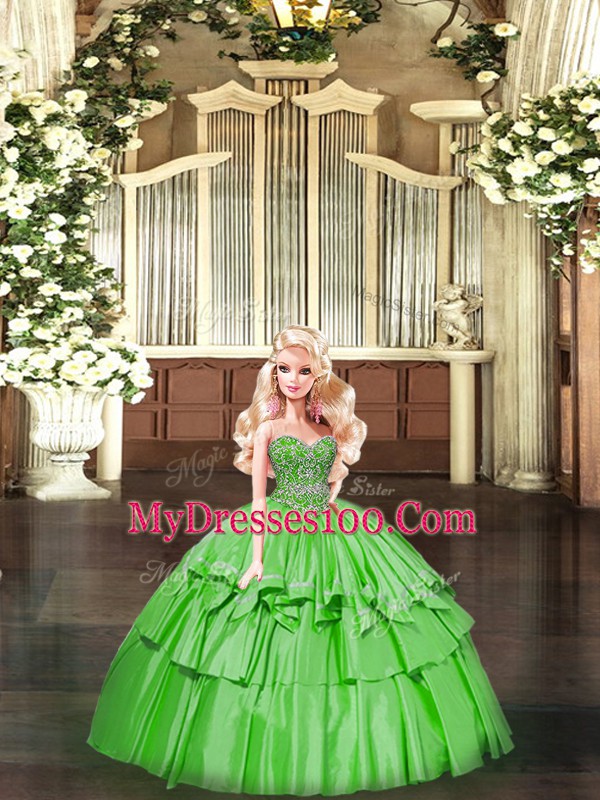 Green Ball Gowns Sweetheart Sleeveless Organza Floor Length Lace Up Beading and Ruffled Layers 15th Birthday Dress