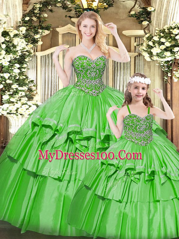 Green Ball Gowns Sweetheart Sleeveless Organza Floor Length Lace Up Beading and Ruffled Layers 15th Birthday Dress