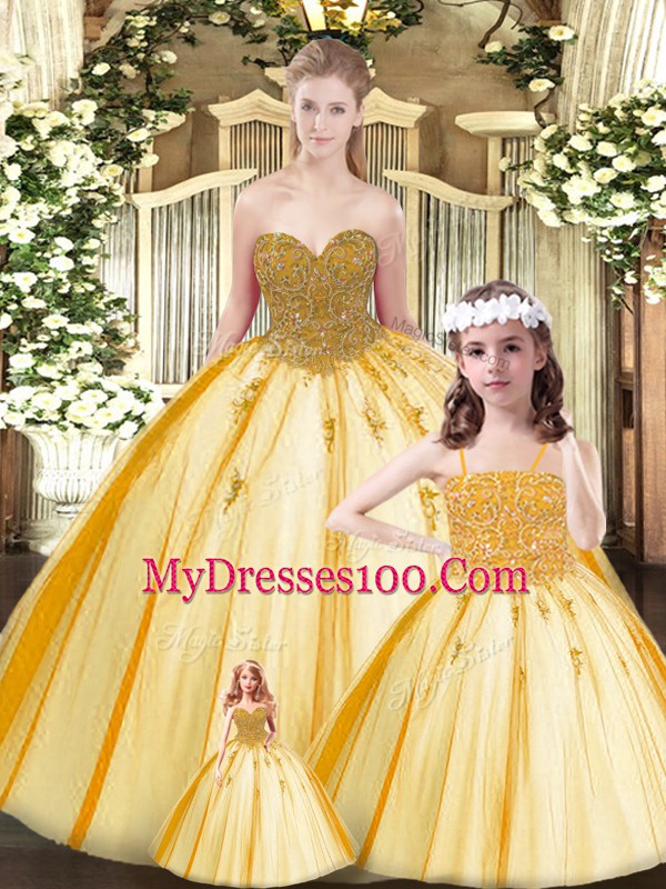 Sleeveless Floor Length Beading Lace Up Vestidos de Quinceanera with Gold