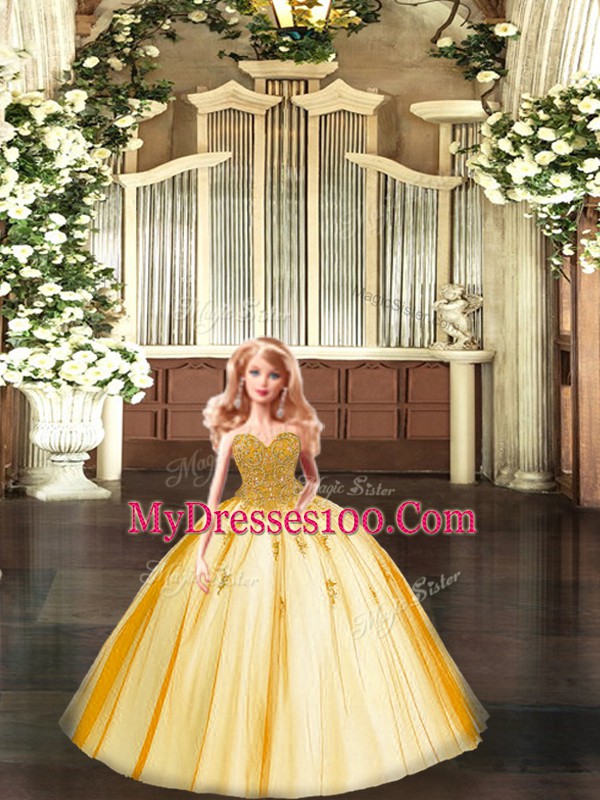 Sleeveless Floor Length Beading Lace Up Vestidos de Quinceanera with Gold