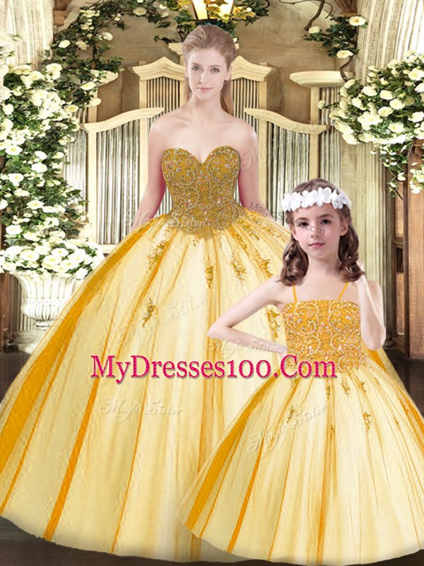 Sleeveless Floor Length Beading Lace Up Vestidos de Quinceanera with Gold