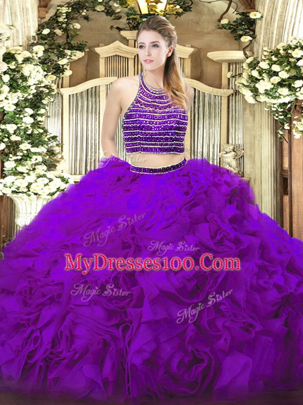 Eggplant Purple Lace Up Halter Top Beading and Ruffles Quince Ball Gowns Tulle Sleeveless