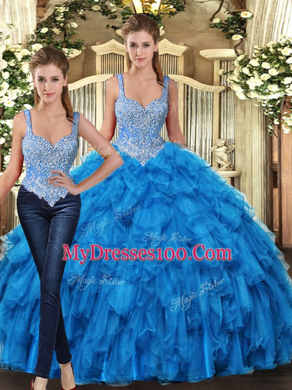Teal Tulle Lace Up Quince Ball Gowns Sleeveless Floor Length Beading and Ruffles