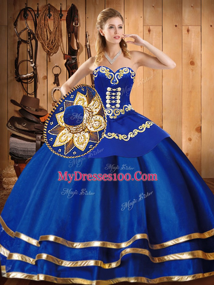 Decent Blue Sleeveless Floor Length Embroidery Lace Up Quinceanera Dresses