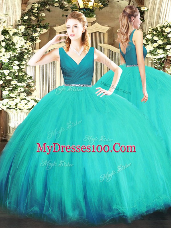 Elegant V-neck Sleeveless Tulle 15 Quinceanera Dress Beading Zipper