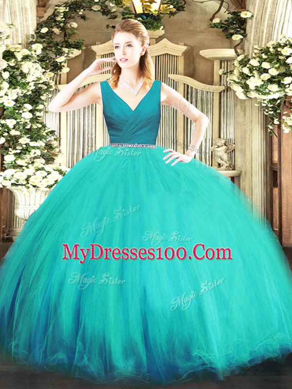 Elegant V-neck Sleeveless Tulle 15 Quinceanera Dress Beading Zipper