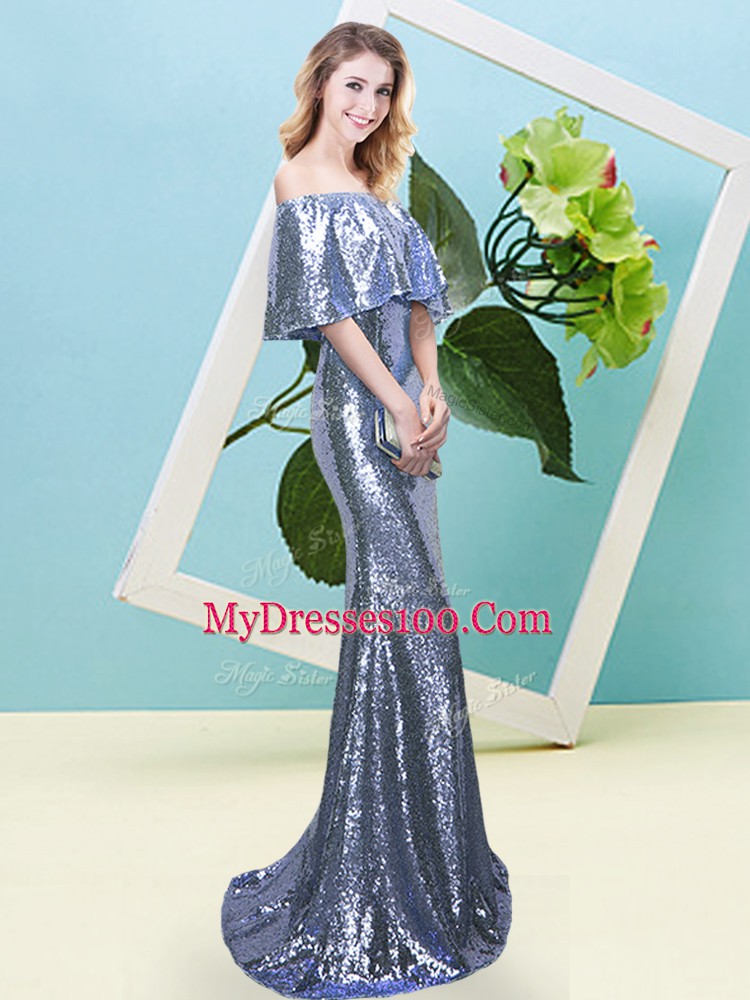 Fancy Blue Sequined Zipper Prom Dress Half Sleeves Floor Length Sequins