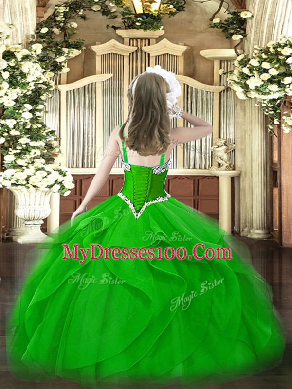 Sleeveless Floor Length Beading and Ruffles Lace Up Little Girl Pageant Dress with Olive Green