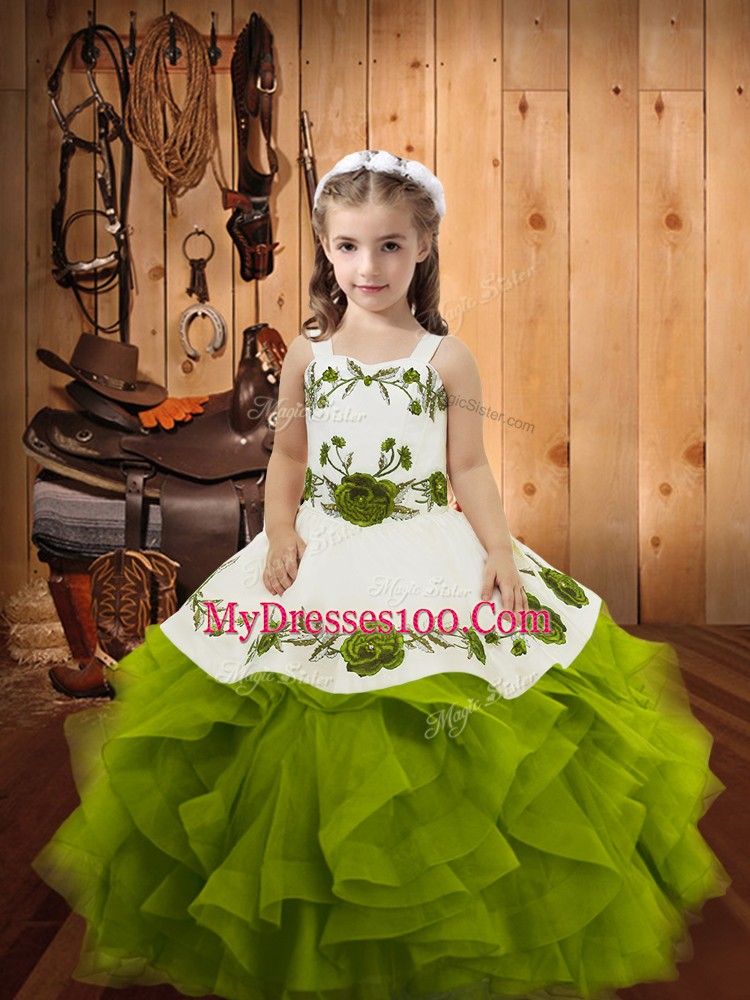 Dramatic Sleeveless Embroidery and Ruffles Lace Up Pageant Gowns For Girls