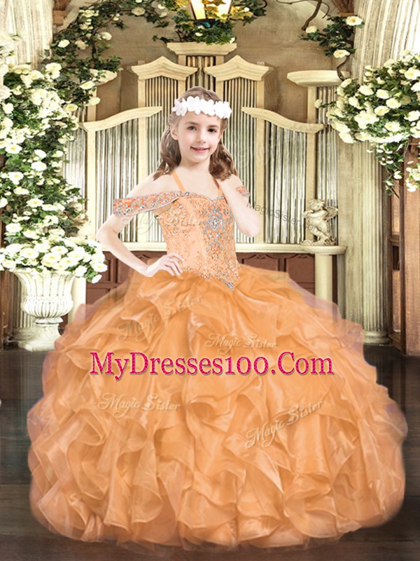 Organza Off The Shoulder Sleeveless Lace Up Beading and Ruffles Girls Pageant Dresses in Orange