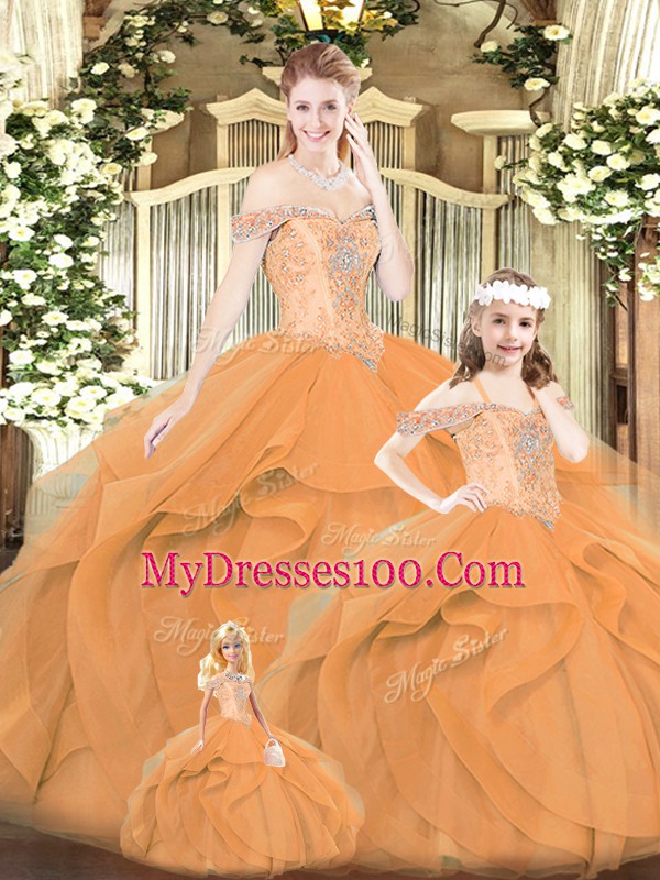 Sumptuous Off The Shoulder Sleeveless Tulle 15th Birthday Dress with Shawl Beading and Ruffles Lace Up