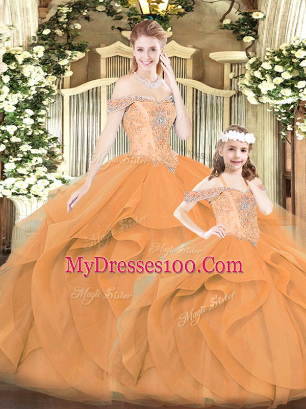 Sumptuous Off The Shoulder Sleeveless Tulle 15th Birthday Dress with Shawl Beading and Ruffles Lace Up