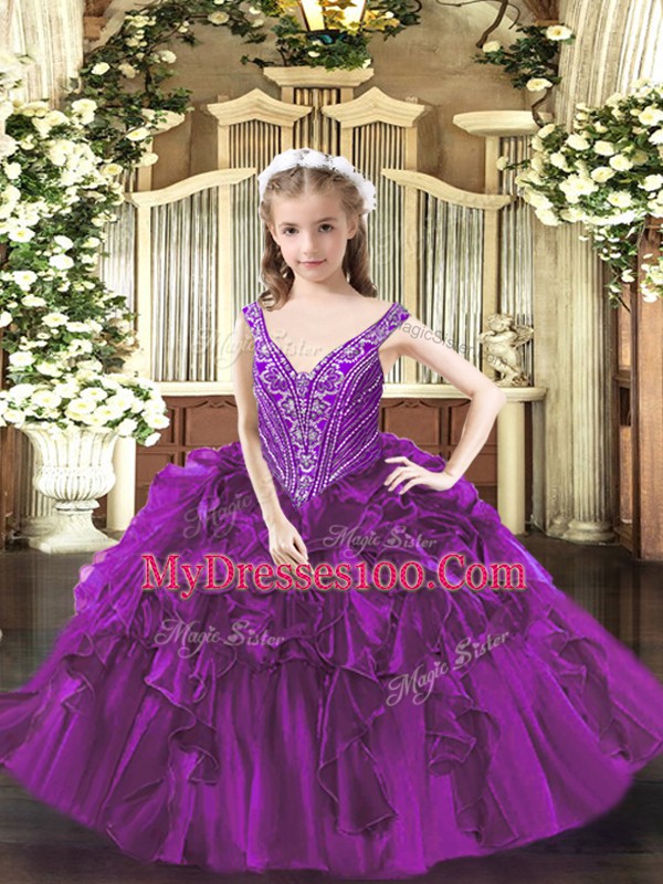 Charming Floor Length Purple Kids Formal Wear Organza Sleeveless Beading and Ruffles