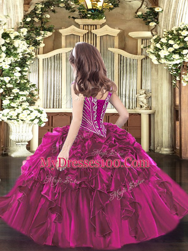 Charming Floor Length Purple Kids Formal Wear Organza Sleeveless Beading and Ruffles