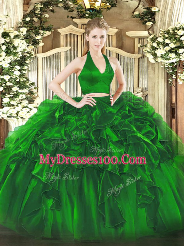 Graceful Green Quinceanera Dresses Military Ball and Sweet 16 and Quinceanera with Ruffles Halter Top Sleeveless Zipper