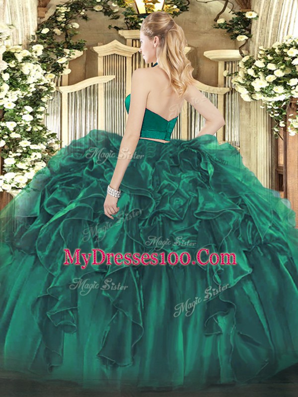 Graceful Green Quinceanera Dresses Military Ball and Sweet 16 and Quinceanera with Ruffles Halter Top Sleeveless Zipper