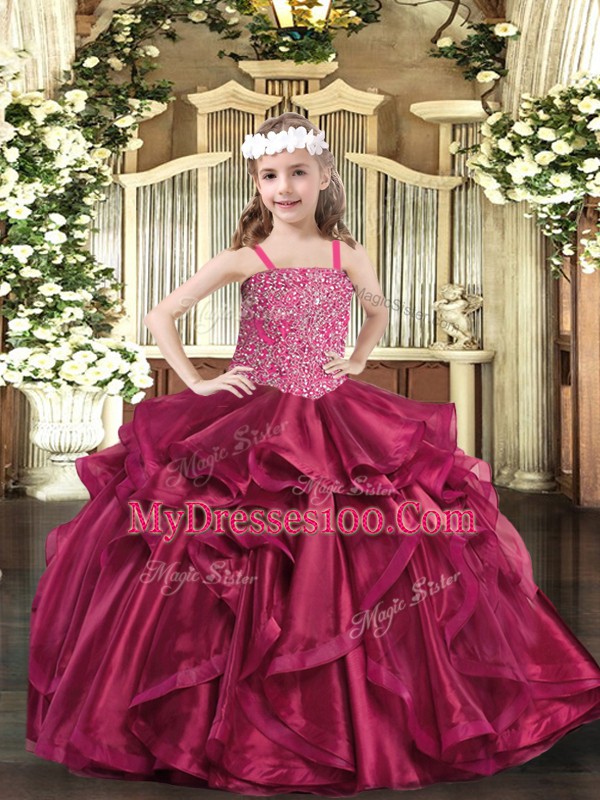 Fuchsia Straps Neckline Beading and Ruffles Little Girls Pageant Dress Sleeveless Lace Up