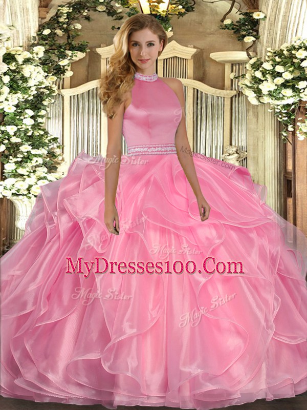 Hot Sale Watermelon Red Backless Halter Top Beading and Ruffles Quince Ball Gowns Organza Sleeveless