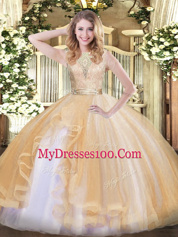 High Class Sleeveless Organza Floor Length Backless Quinceanera Gown in Champagne with Lace and Ruffles