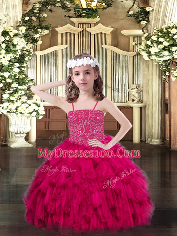 Beauteous Spaghetti Straps Sleeveless Organza Kids Pageant Dress Beading and Ruffles Lace Up