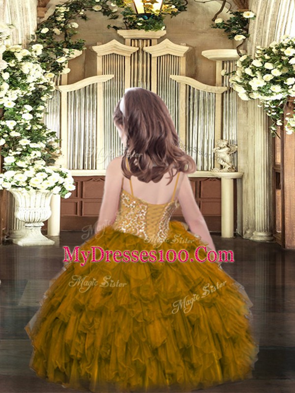 Beauteous Spaghetti Straps Sleeveless Organza Kids Pageant Dress Beading and Ruffles Lace Up