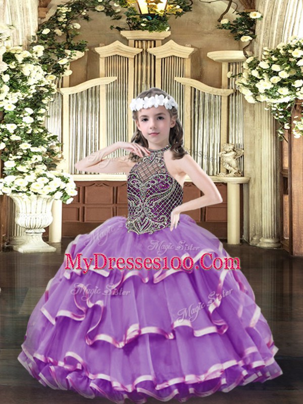 Latest Floor Length Ball Gowns Sleeveless Lavender Child Pageant Dress Lace Up