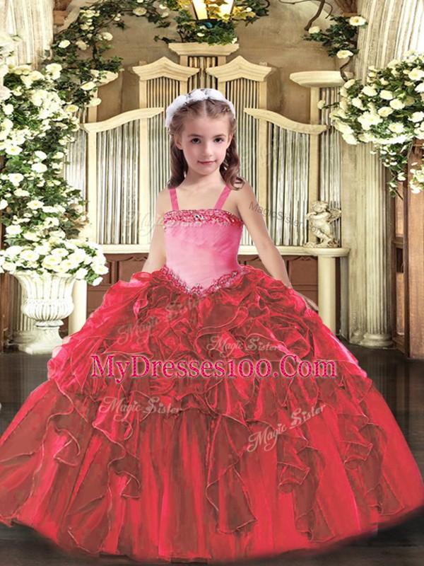 Unique Floor Length Red Winning Pageant Gowns Organza Sleeveless Appliques and Ruffles