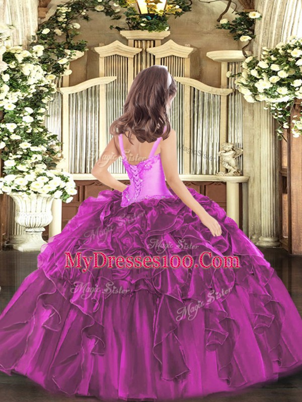 Unique Floor Length Red Winning Pageant Gowns Organza Sleeveless Appliques and Ruffles