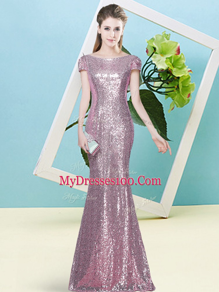 Edgy Pink Zipper Scoop Sequins Prom Dresses Sequined Cap Sleeves