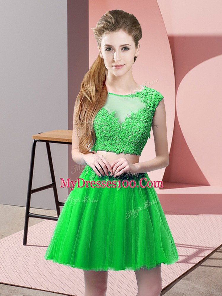Green Two Pieces Scoop Sleeveless Tulle Mini Length Zipper Appliques Prom Evening Gown