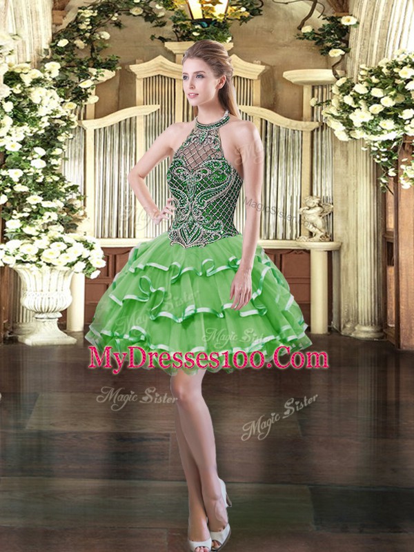 Super Halter Top Sleeveless Organza Beading and Ruffled Layers Lace Up