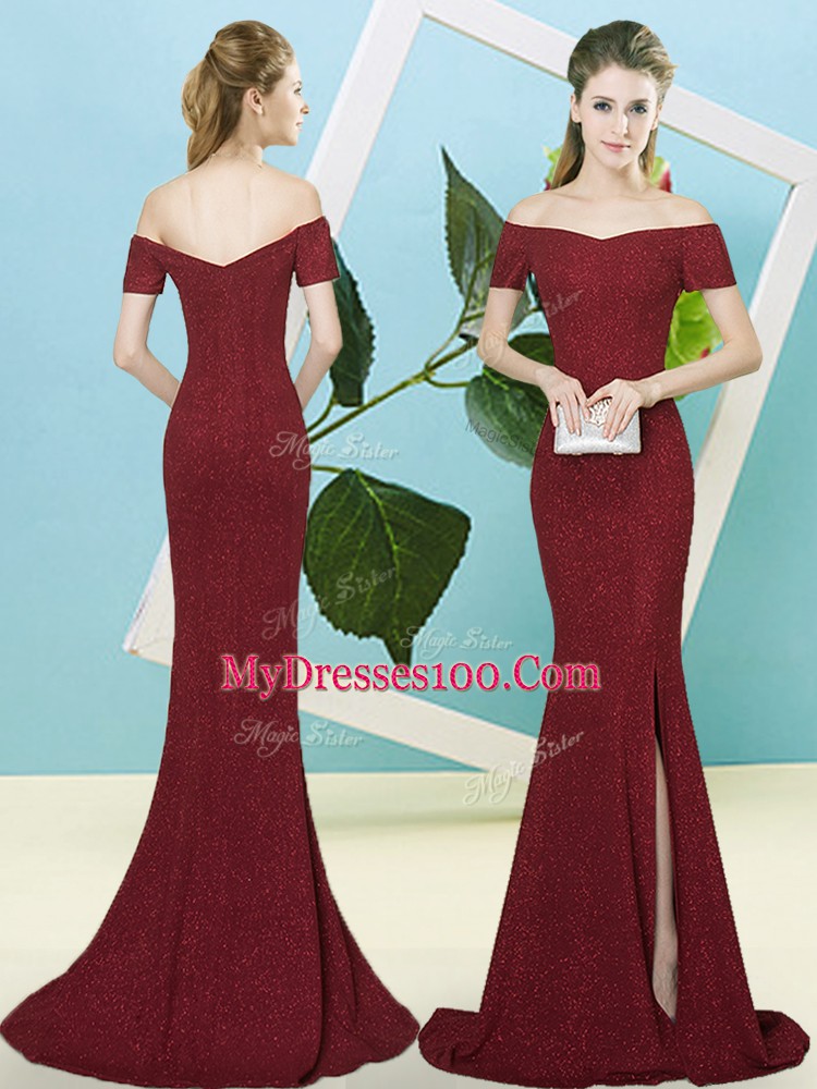 Best Selling Burgundy Prom Evening Gown Prom and Party with Sequins Off The Shoulder Short Sleeves Sweep Train Zipper