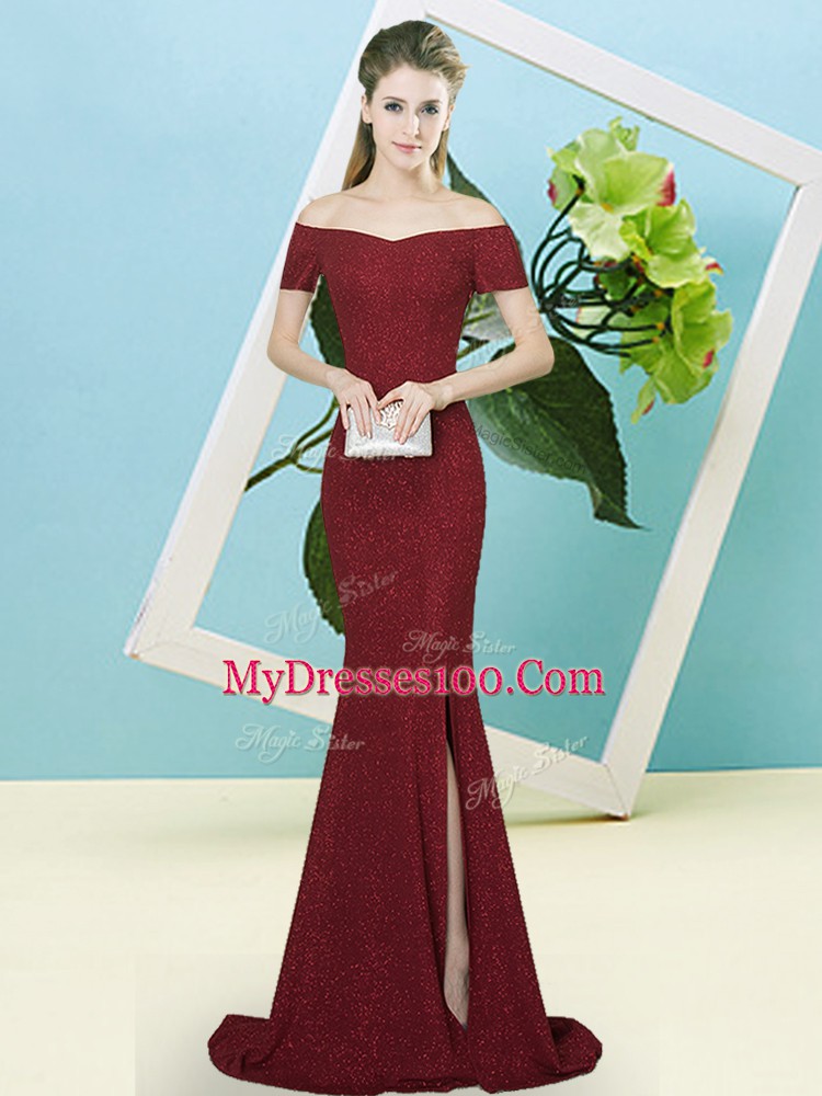 Best Selling Burgundy Prom Evening Gown Prom and Party with Sequins Off The Shoulder Short Sleeves Sweep Train Zipper