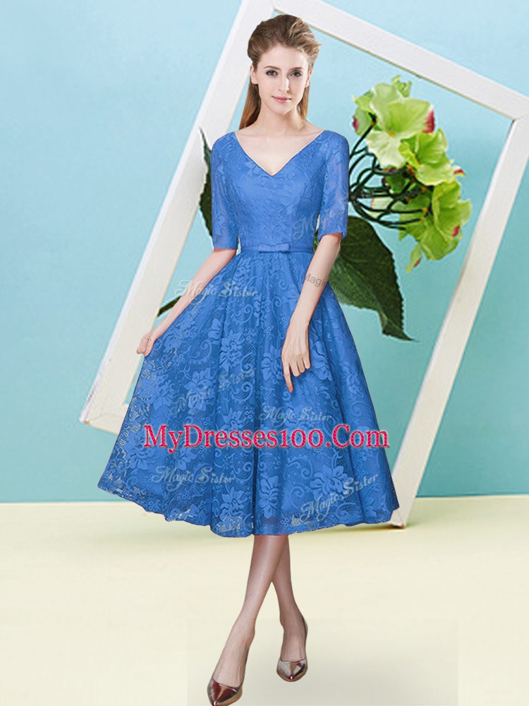 Attractive Bowknot Bridesmaid Gown Blue Lace Up Half Sleeves Tea Length