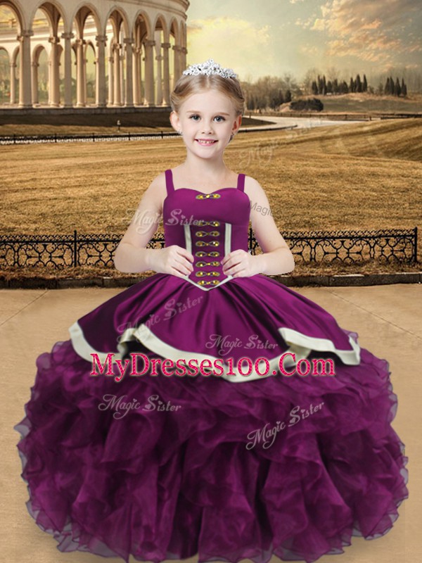 Purple Straps Neckline Beading and Ruffles Pageant Gowns For Girls Sleeveless Lace Up