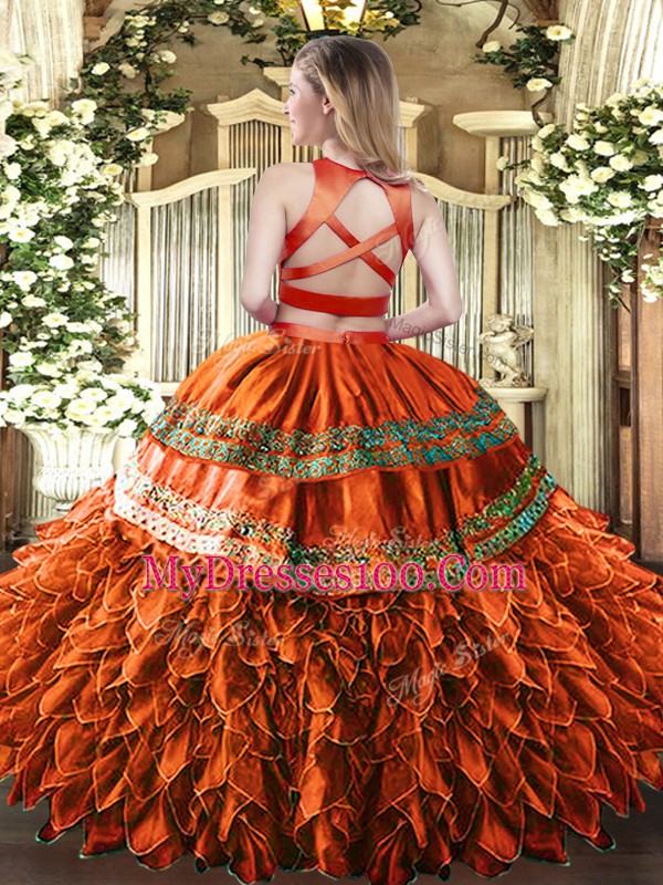 Comfortable High-neck Sleeveless Vestidos de Quinceanera Floor Length Ruffles and Sequins Rust Red Tulle