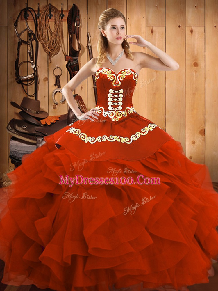 Sweetheart Sleeveless Satin and Organza Sweet 16 Dresses Embroidery and Ruffles Lace Up