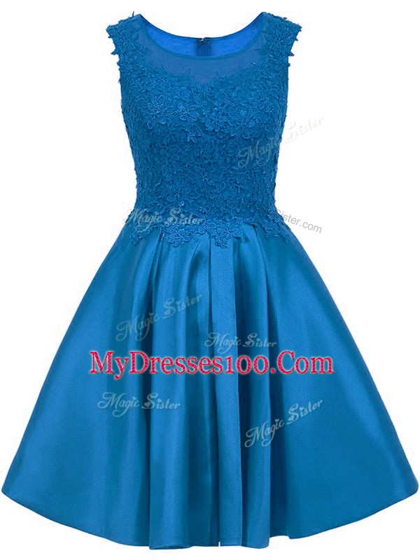 Glittering Blue Satin Zipper Scoop Sleeveless Mini Length Damas Dress Lace