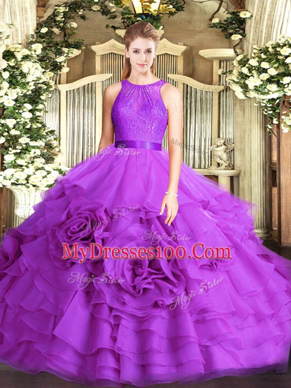 Adorable Eggplant Purple Fabric With Rolling Flowers Lace Up Quince Ball Gowns Sleeveless Floor Length Lace